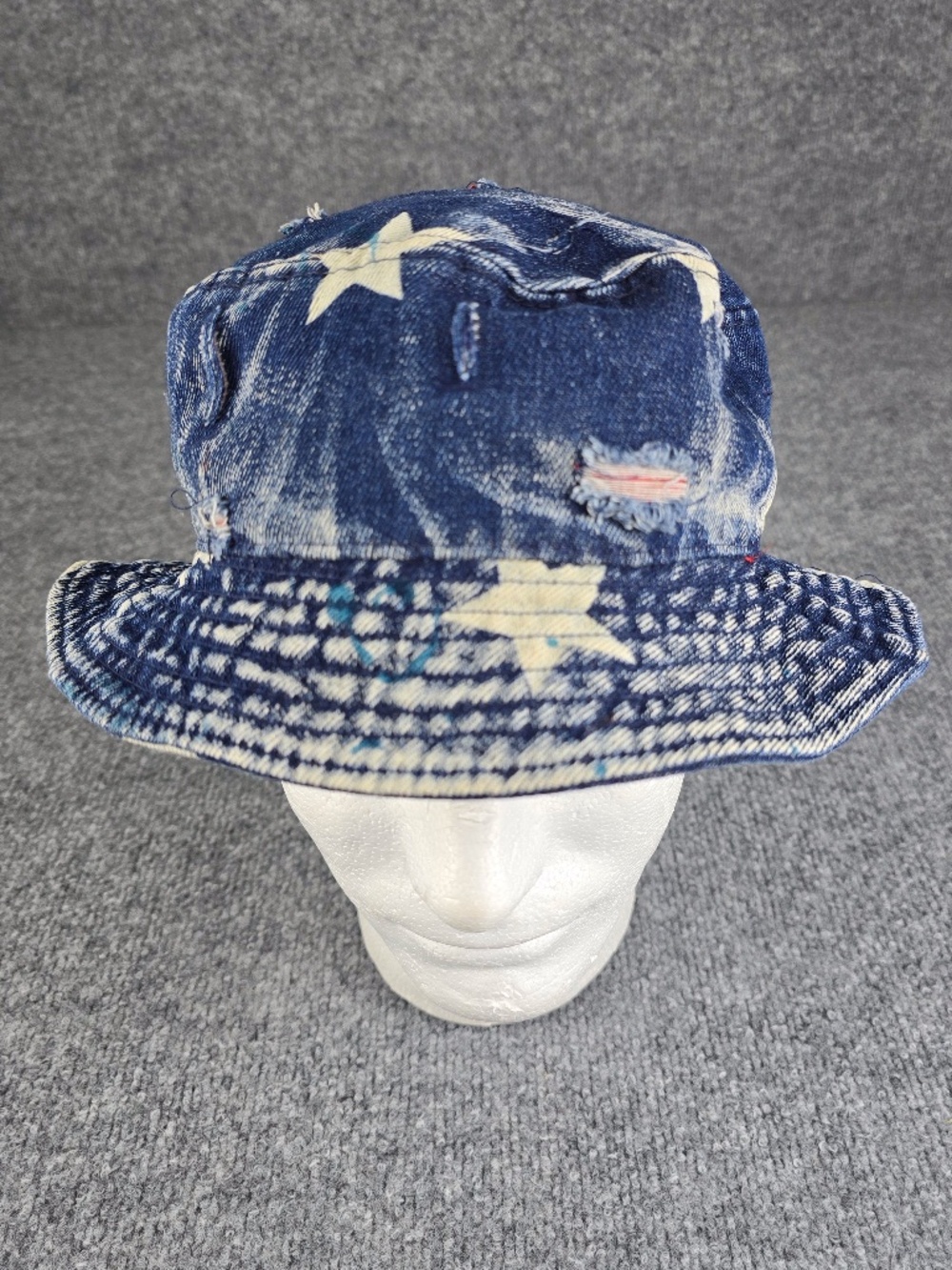 ROST Premium Headwear Distressed Denim Star Print Bucket Hat Vintage L/XL